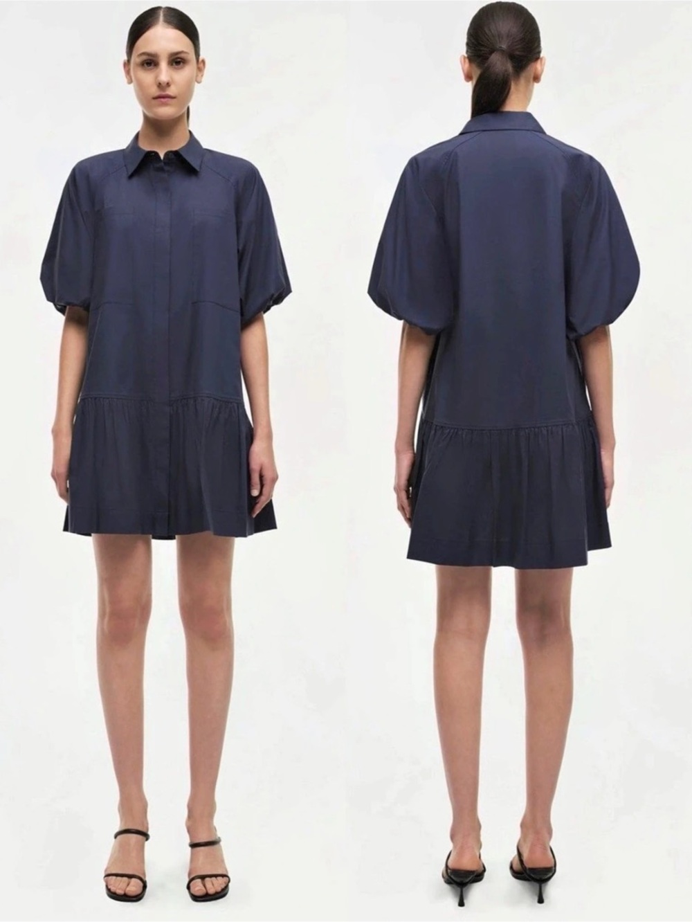 SIMKHAI Chrissy Poplin Mini Shirtdress Small Midnight Navy Puff Sleeve $265